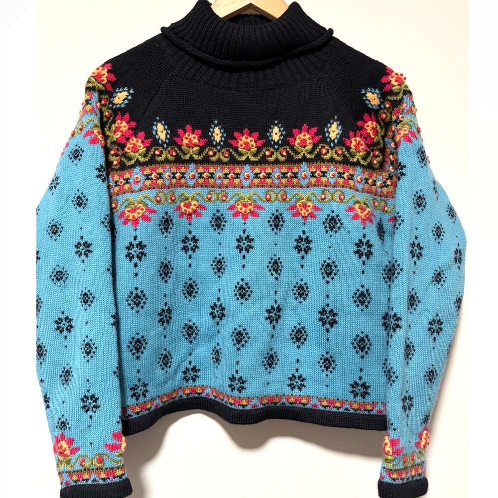 VTG Icelandic Design Blue Wool Floral Embroidered Turtleneck Sweater Lined M